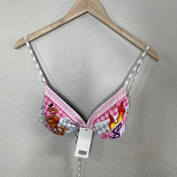 Sprayground Womens Triangle WTF Art Bikini Top Pink Tiger & Flame Print Size L - Picture 2 of 10